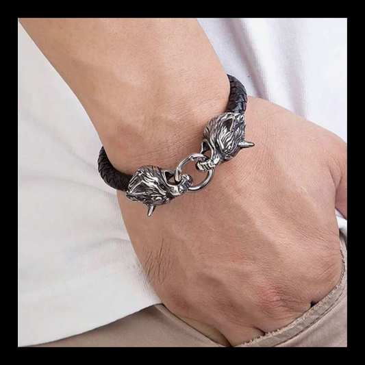Black leather and stainless steel wolf head wristband