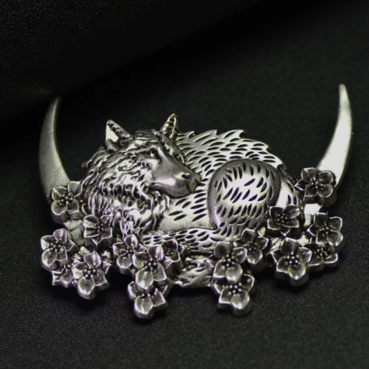 Vintage Crescent Moon Wolf with Flowers hair barrette hair slide clip