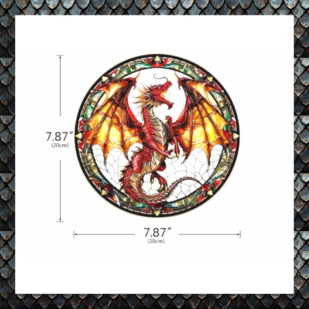 Fiery Dragon Stained Glass Effect Window Décor – Mythical Suncatcher Plaque Ornament