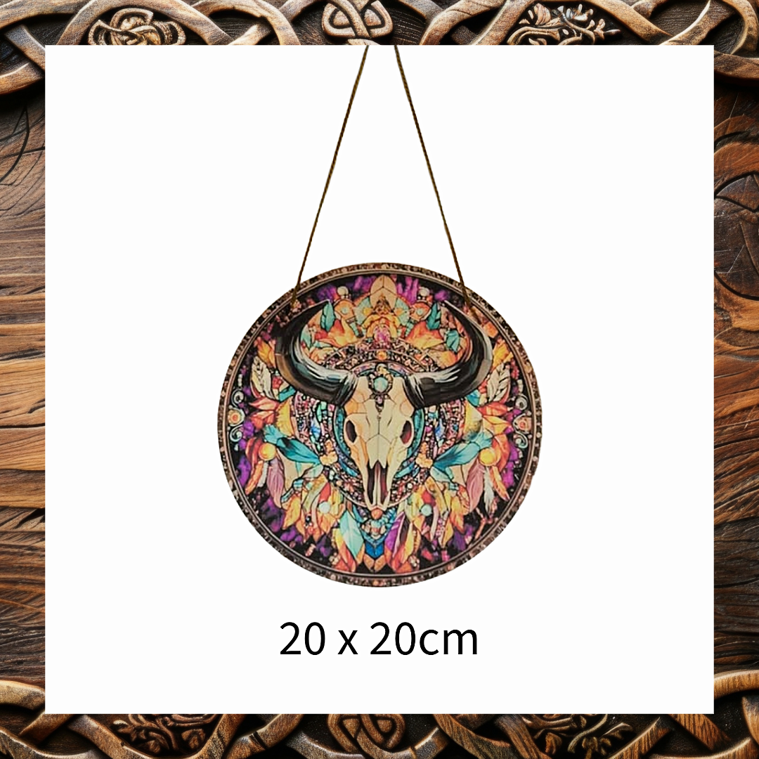 Bohemian Bull Skull Stained Glass Style Suncatcher – Mandala Window Hanging