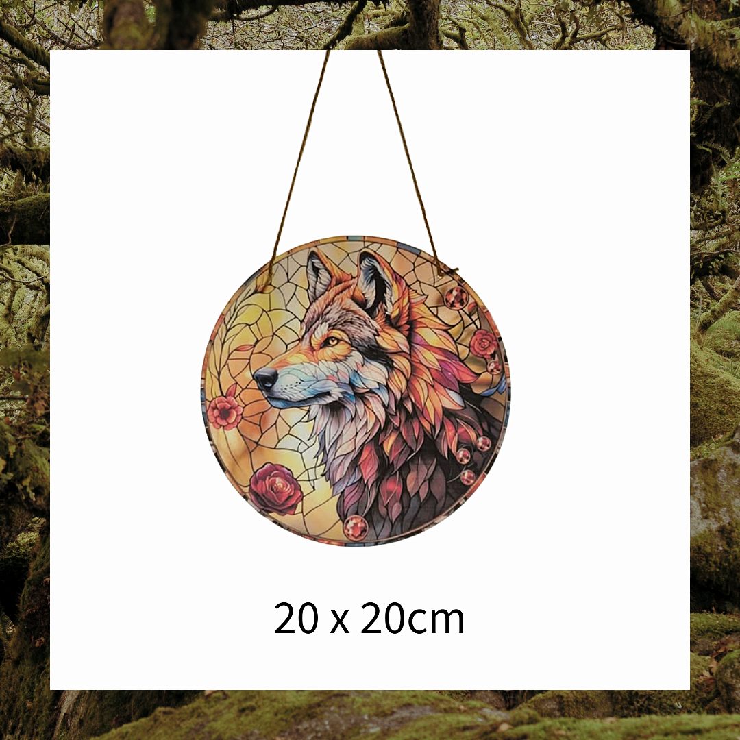 Mystic Wolf Stained Glass Effect Hanging Sun Catcher Plaque