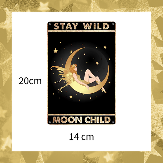 Stay Wild Moon Child Fairy Laying On Crescent Moon Surrounded By Stars Home Garden Celestial Aluminium Metal Plaque