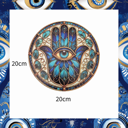 Celestial Hamsa Protection Plaque – Blue & Gold Evil Eye Wall Charm