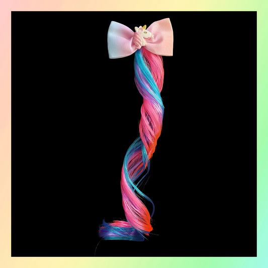 Pastel rainbow bow with unicorn and coloured hair extension