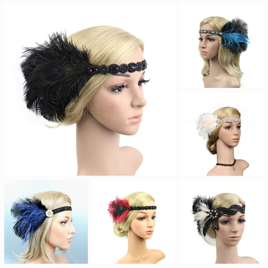 Six different styles of gatsby 1920's feather headbands