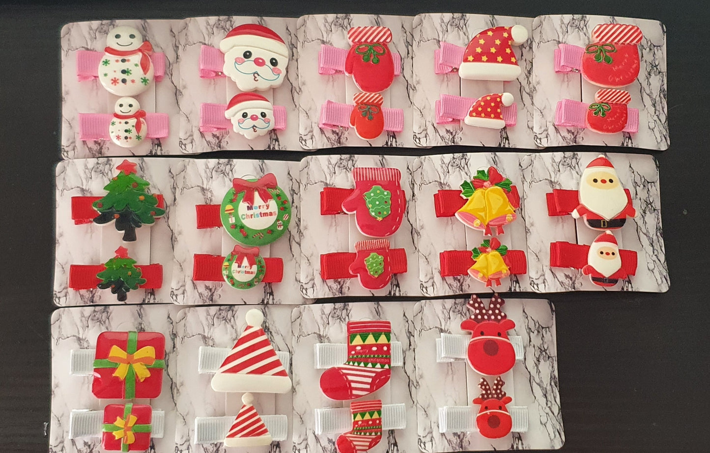 Cute little Christmas clips Ceramic decorations on ribbon covered crocodile clips