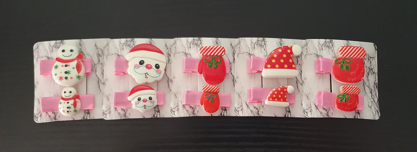 Cute little Christmas clips Ceramic decorations on ribbon covered crocodile clips