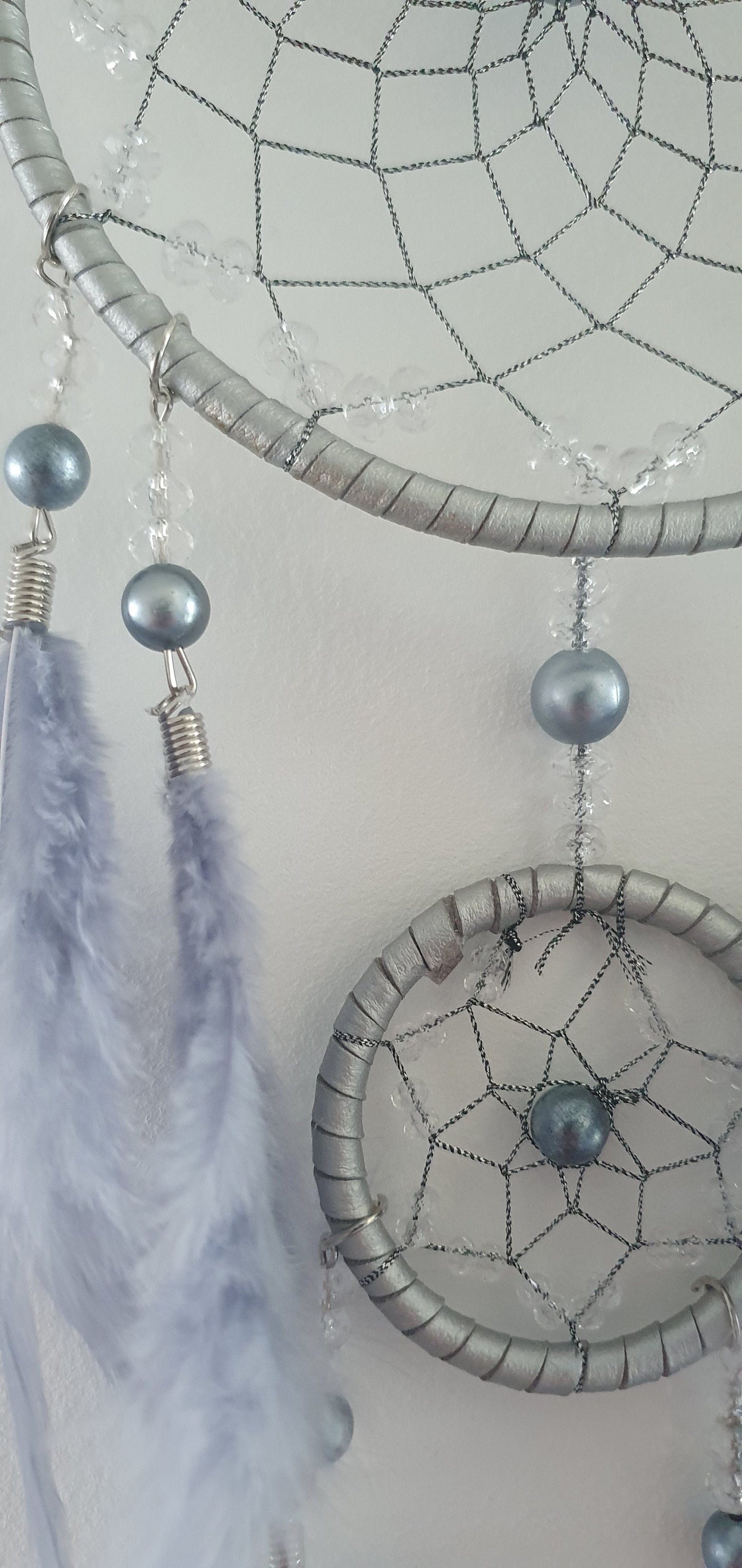 Grey Two-Ring Beads and Feathers Dream Catcher Wall Decoration