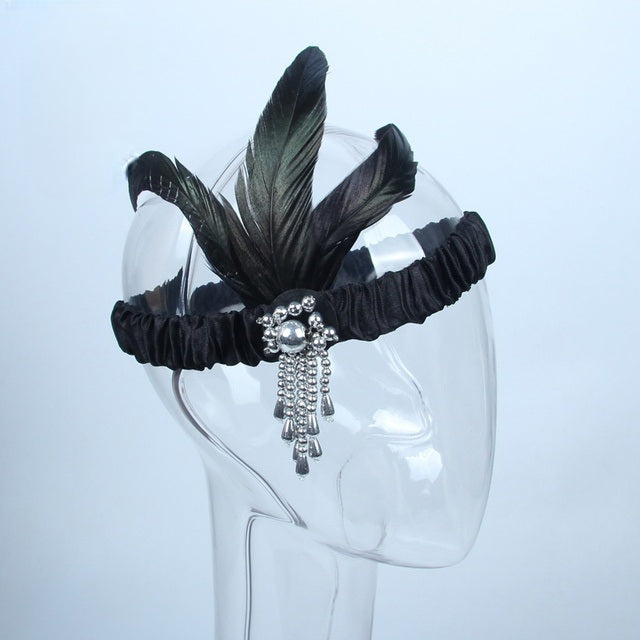 Gatsby 1920's material black headband with silver bead droplet and black feathers to the side