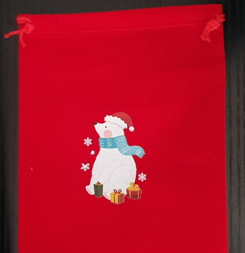 Red velvet drawstring Christmas bag pouches with images