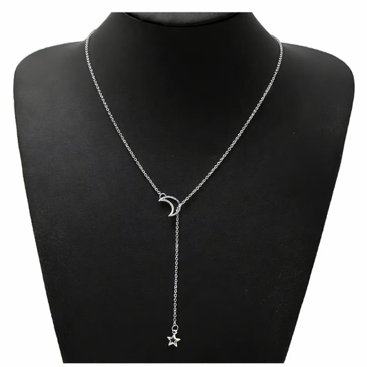 Celestial Drop Necklace – Silver Crescent Moon and Star Charm