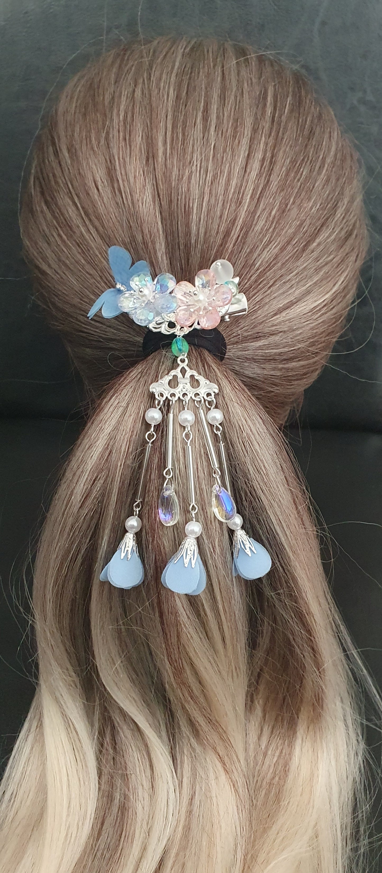 Flower, beads and blue butterfly dangly hair clip