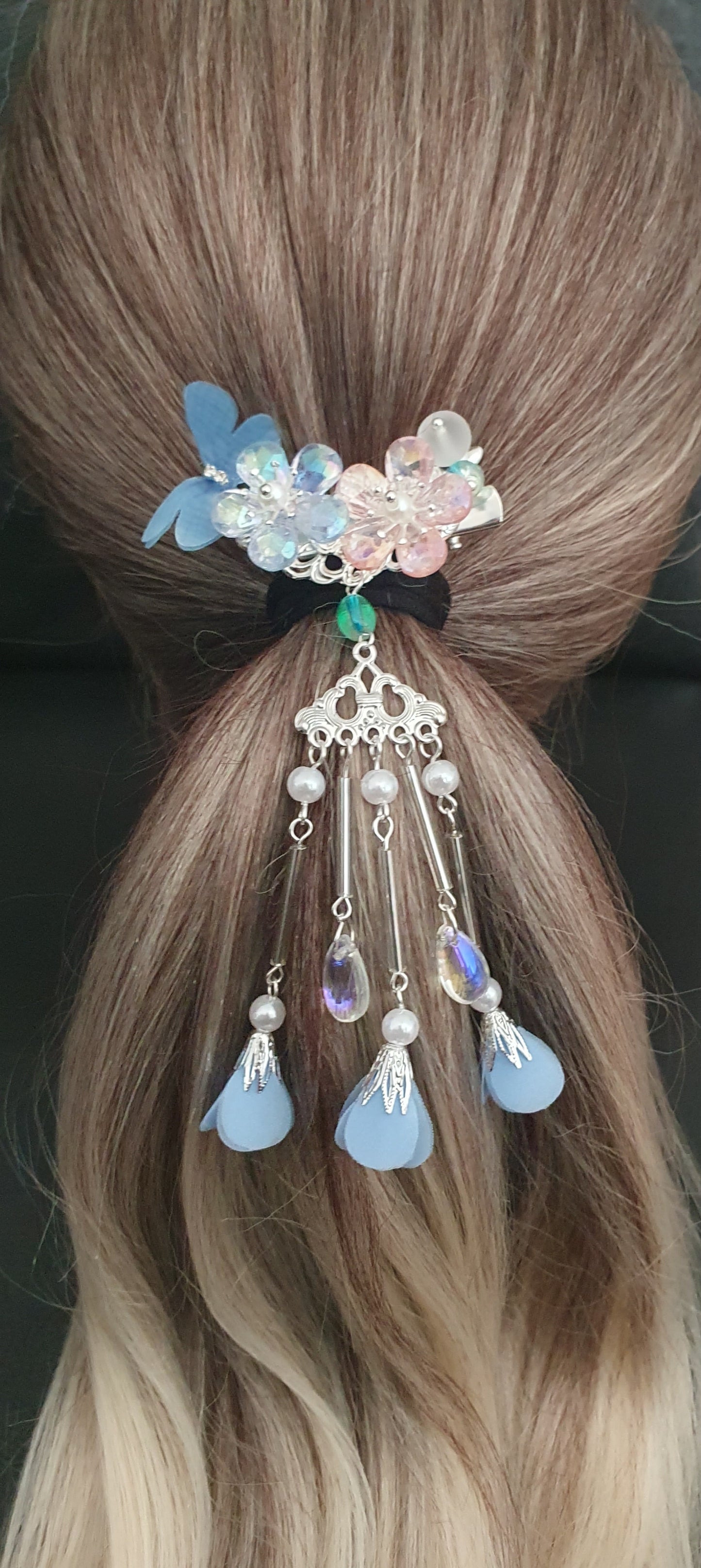 Flower, beads and blue butterfly dangly hair clip