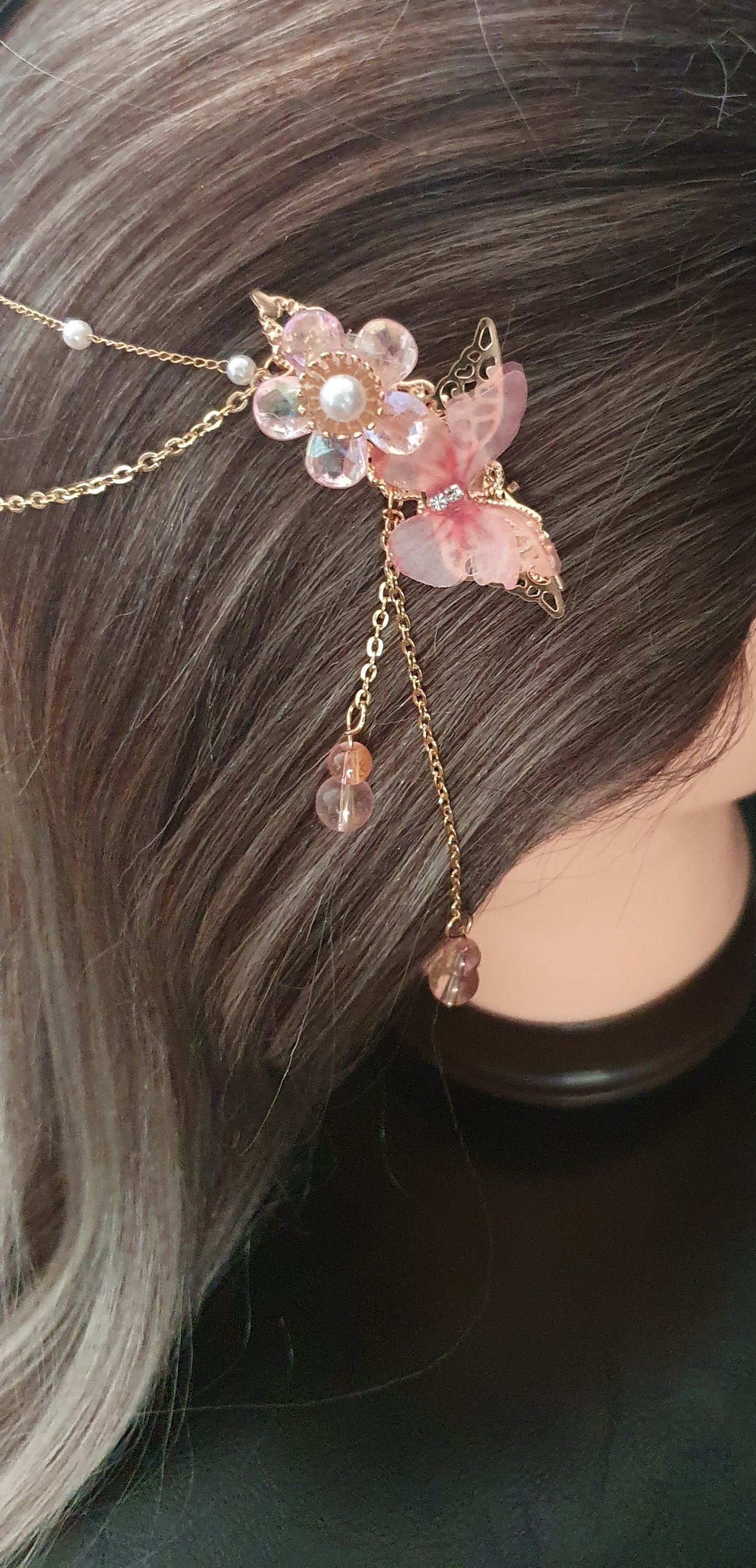 butterfly, flower, bead and chain double hair clip