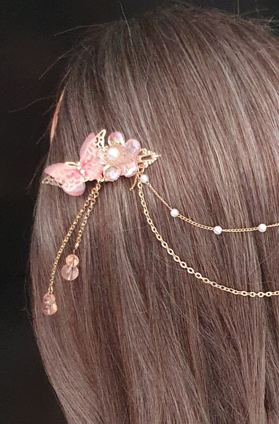 butterfly, flower, bead and chain double hair clip