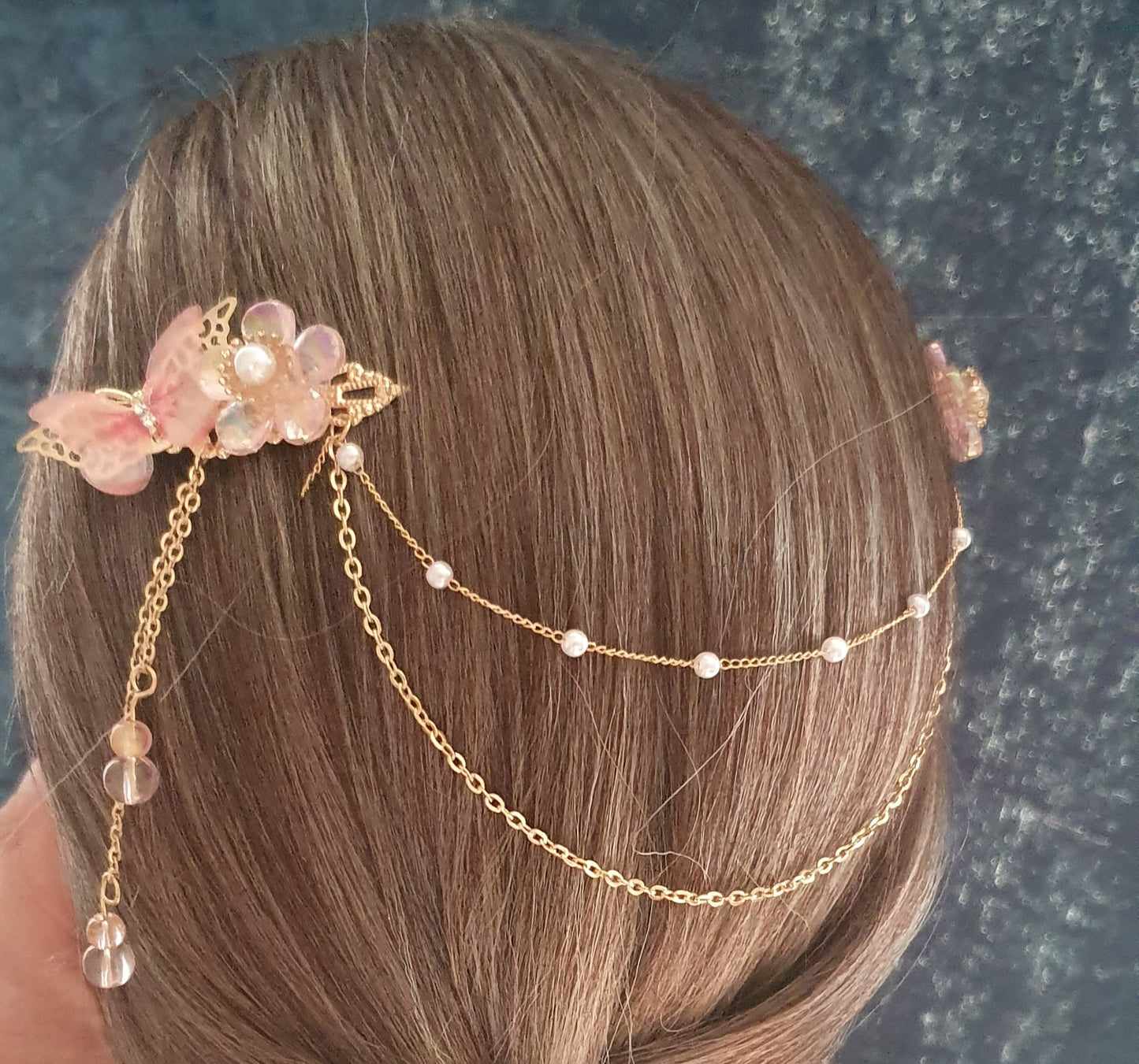 butterfly, flower, bead and chain double hair clip