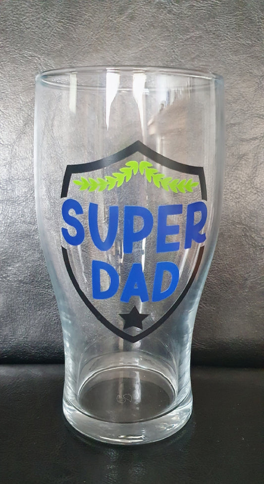 Fathers Day Super Dad Vinyl Pint Glass Beer Lager Pop Glass