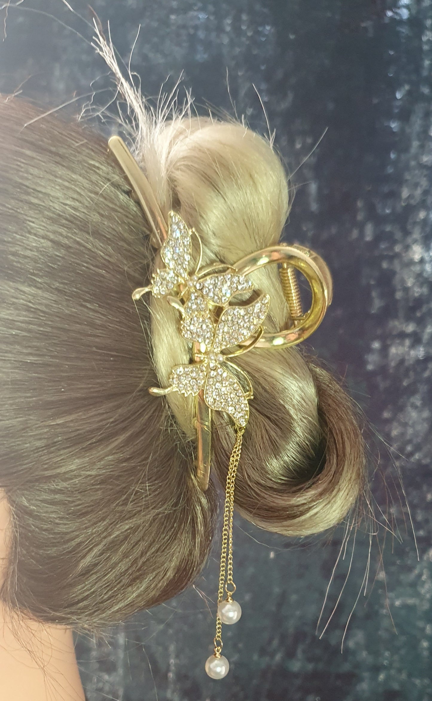 Gold Butterfly hair clip claw with crystals or pearl beads