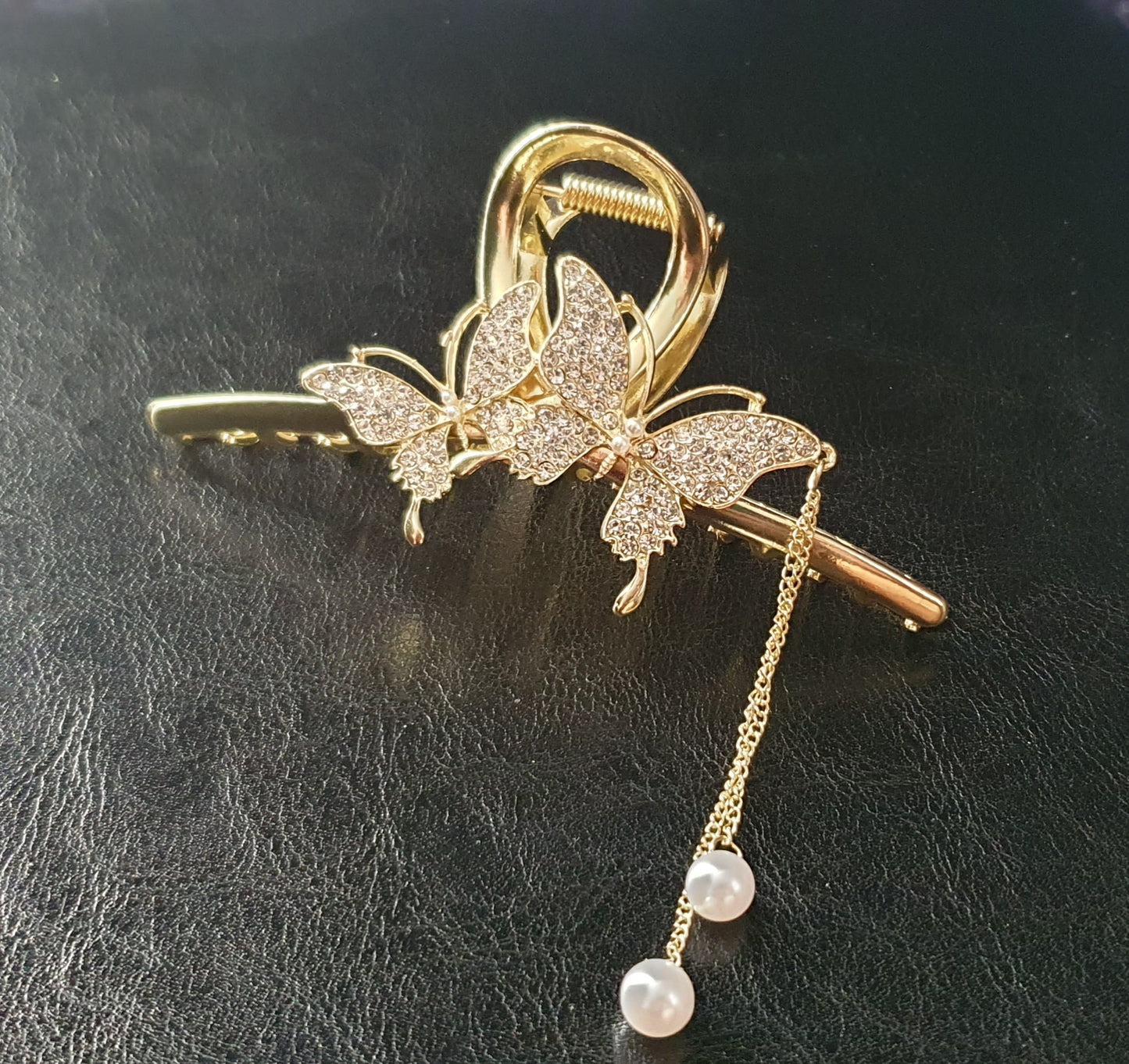 Gold Butterfly hair clip claw with crystals or pearl beads