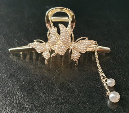 Gold Butterfly hair clip claw with crystals or pearl beads