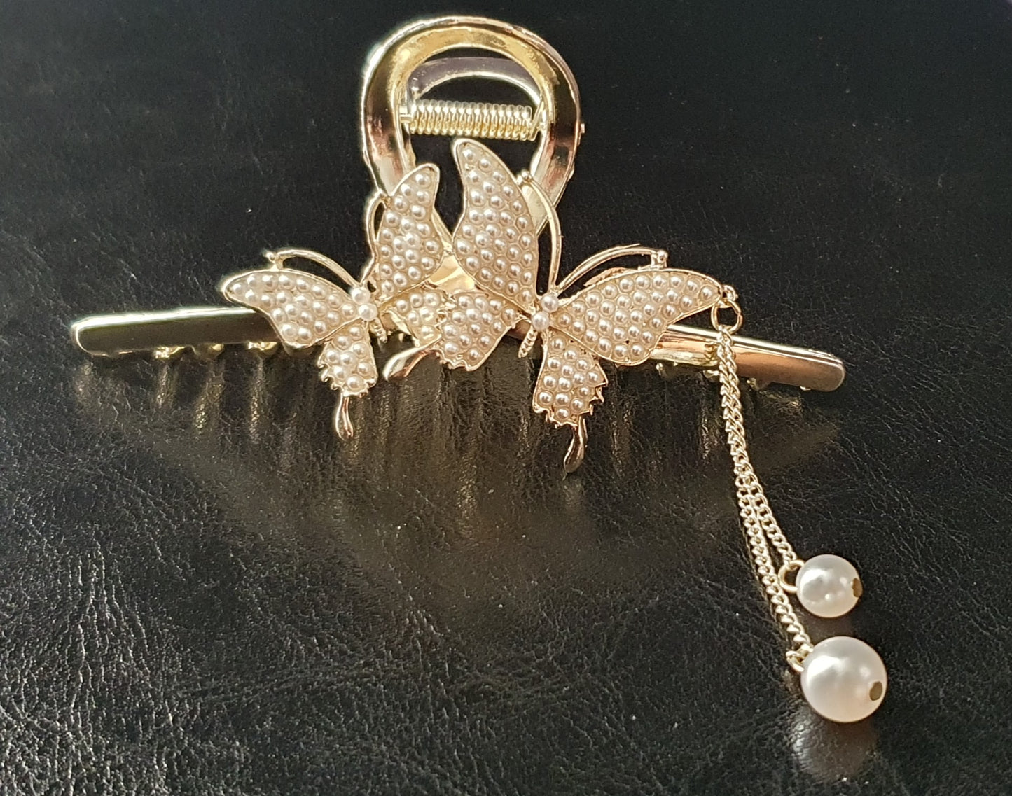 Gold Butterfly hair clip claw with crystals or pearl beads