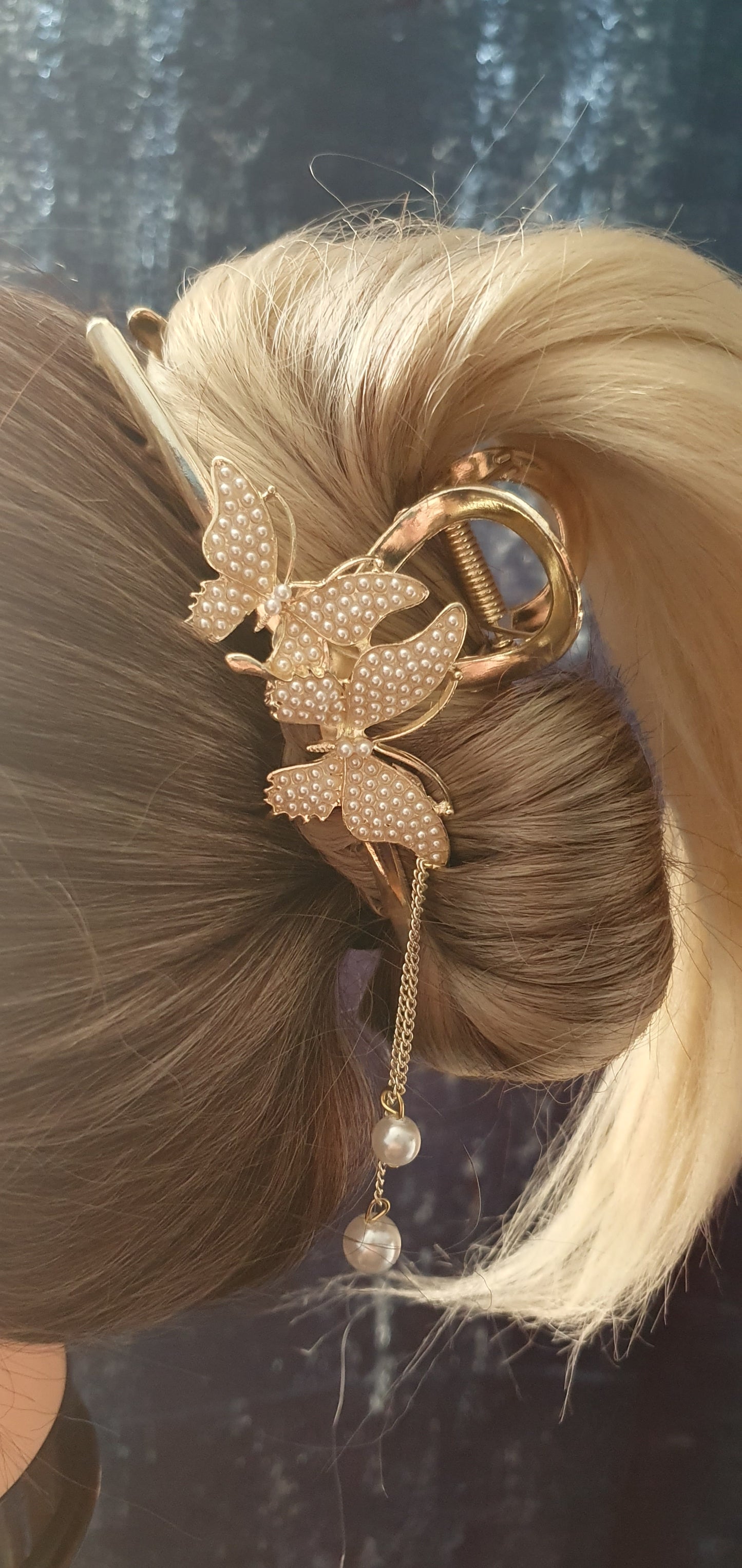 Gold Butterfly hair clip claw with crystals or pearl beads