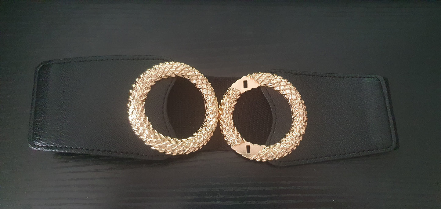 Black/Gold Elastic Waistband Metal Double Circle Belt