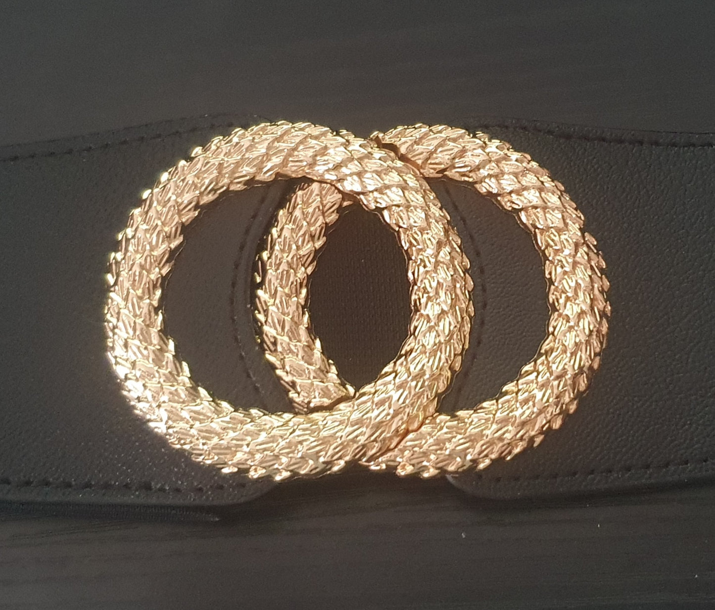 Black/Gold Elastic Waistband Metal Double Circle Belt