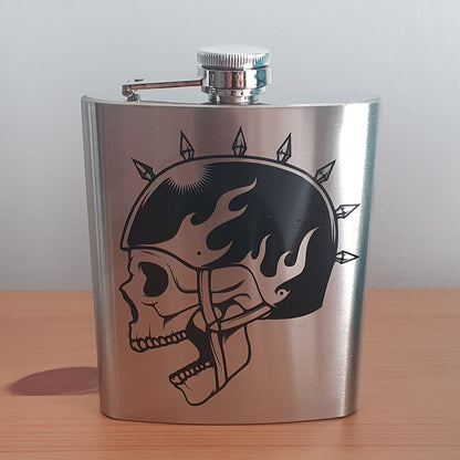 personalised 7oz stainless steel silver biker skull hip flask
