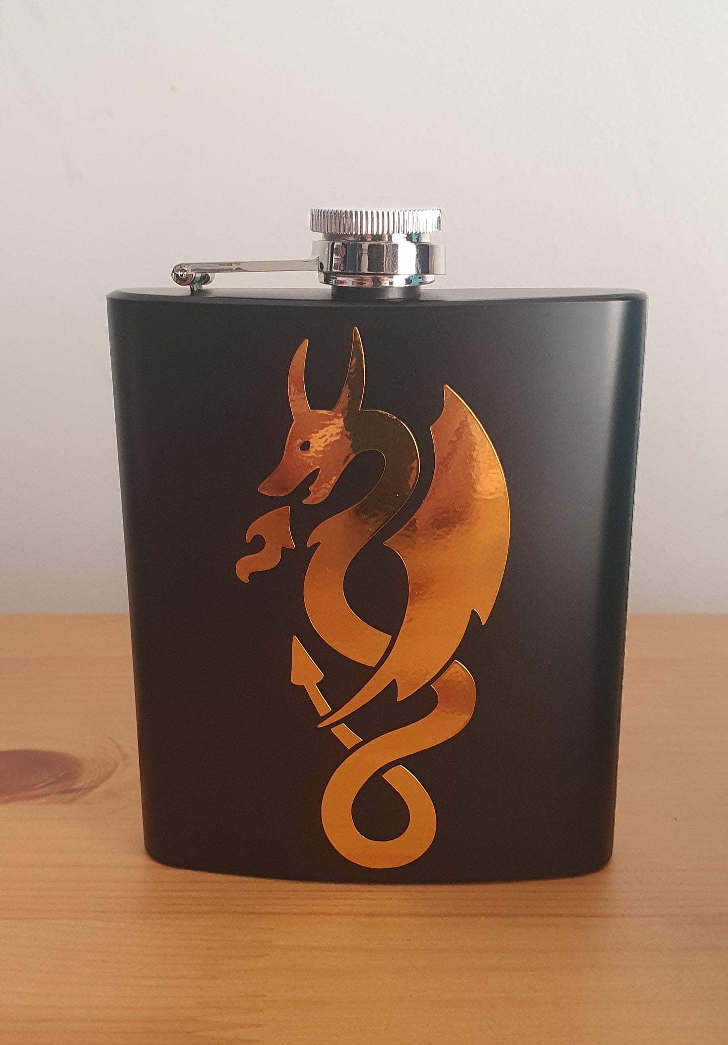 Personalised 7oz black stainless steel vinyl dragon hip flask