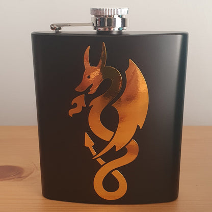 Personalised 7oz black stainless steel vinyl dragon hip flask