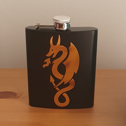 Personalised 7oz black stainless steel vinyl dragon hip flask