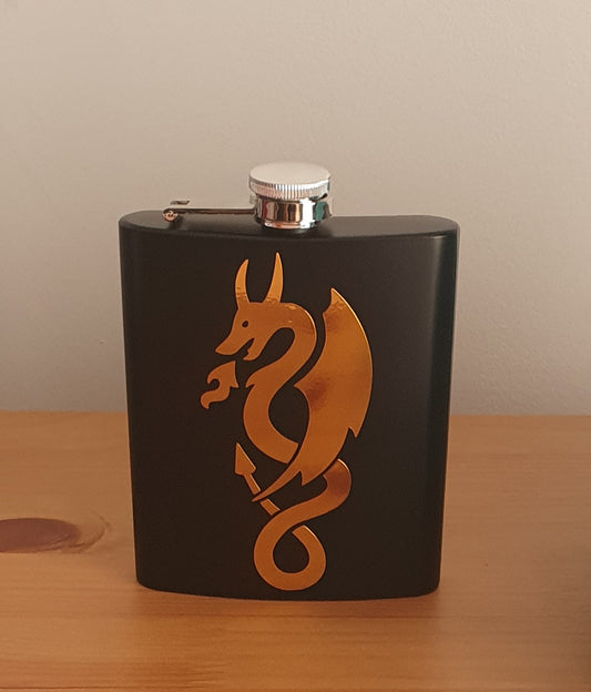 Personalised 7oz black stainless steel vinyl dragon hip flask