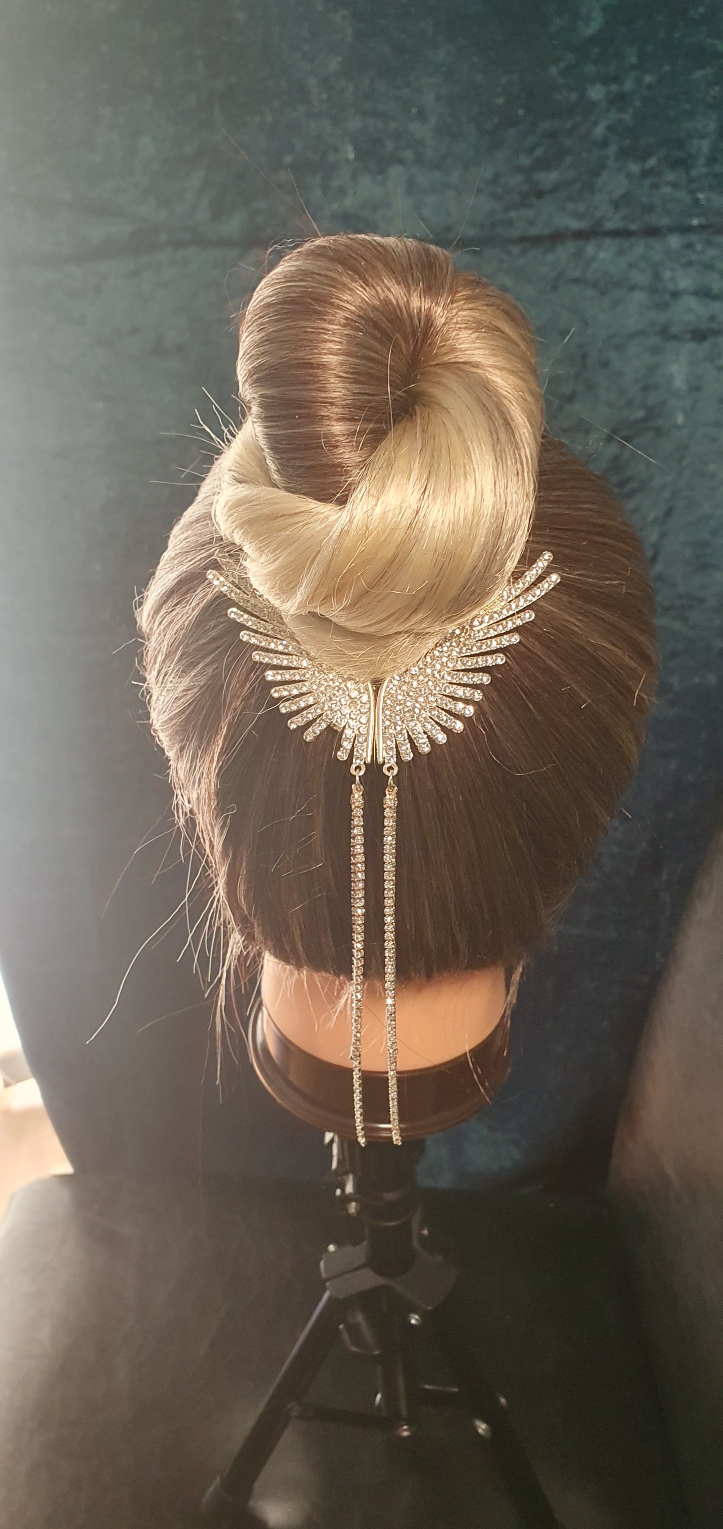 Angel wings hair bun clip claw with crystal rhinestones and pearl beads