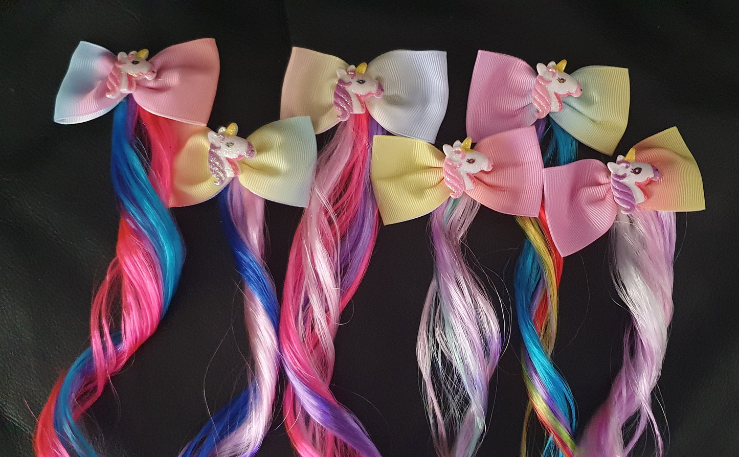 Pastel rainbow bow with unicorn and coloured hair extension