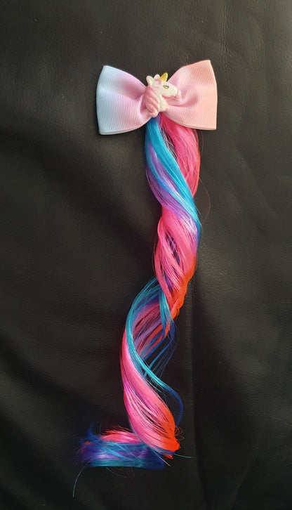 Pastel rainbow bow with unicorn and coloured hair extension