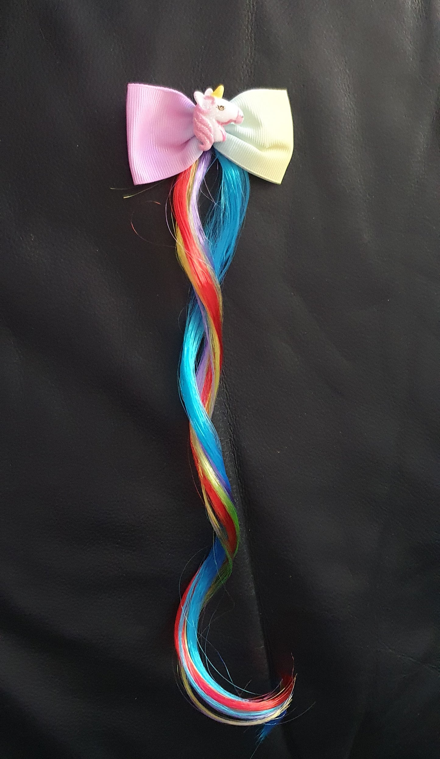 Pastel rainbow bow with unicorn and coloured hair extension