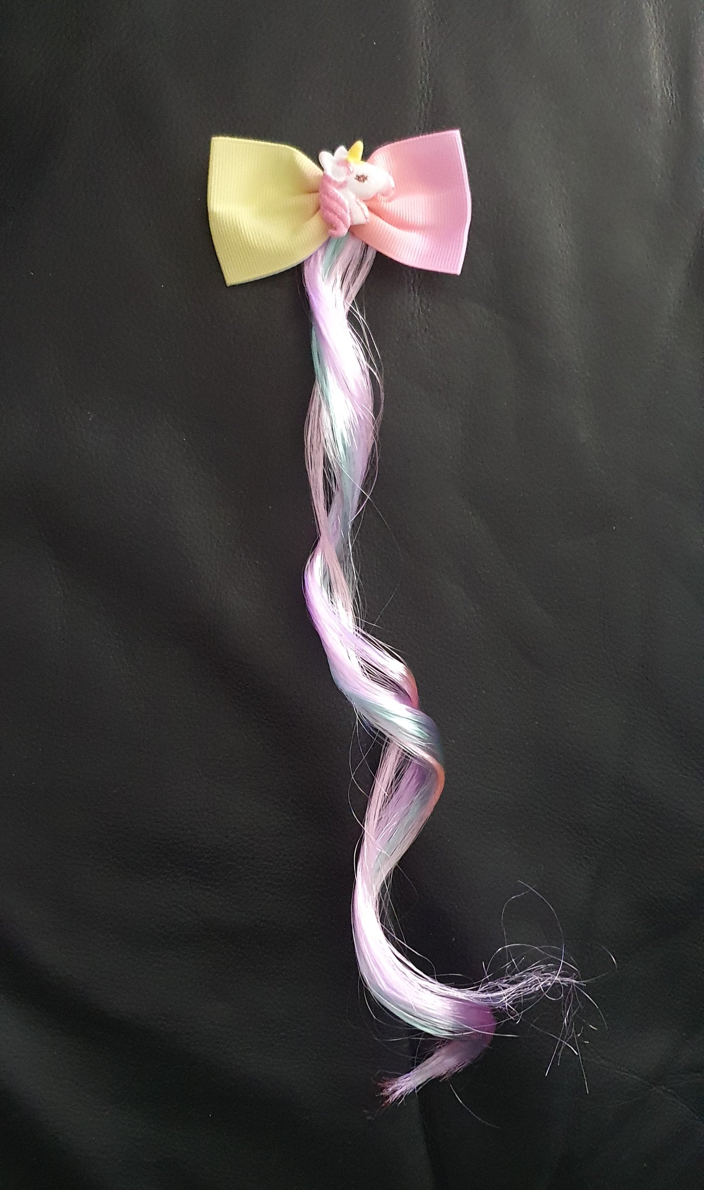 Pastel rainbow bow with unicorn and coloured hair extension