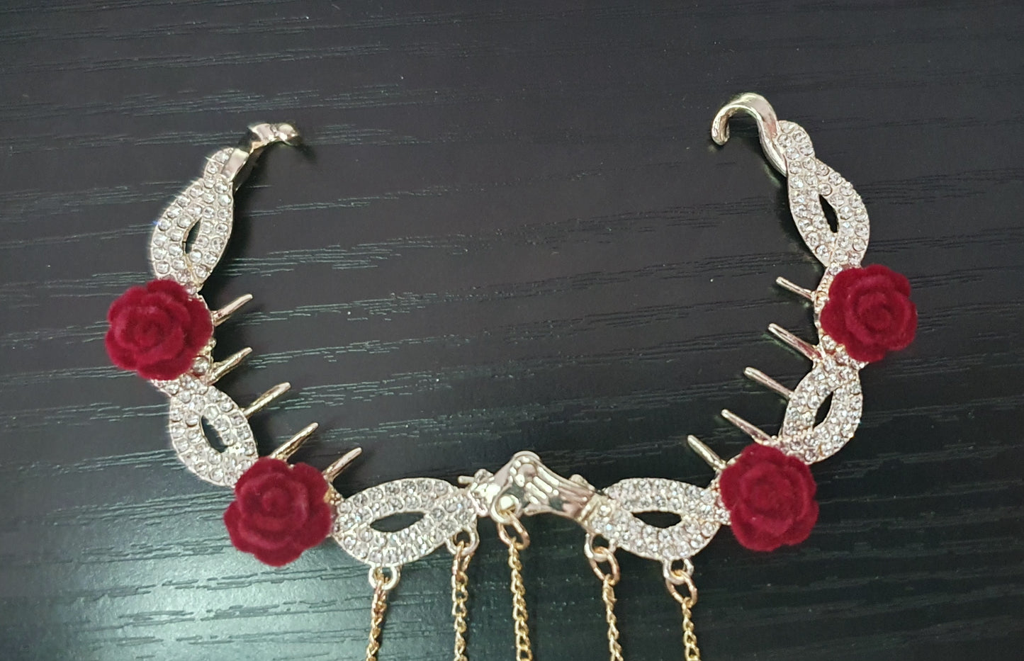 Red material rose, chain red bead and rhinestone hair claw for buns/ponytails