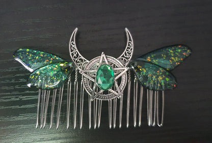 Moth Butterfly dragonfly Cicada Wing Crescent Moon Pentagram Hair Comb Pagan Witch