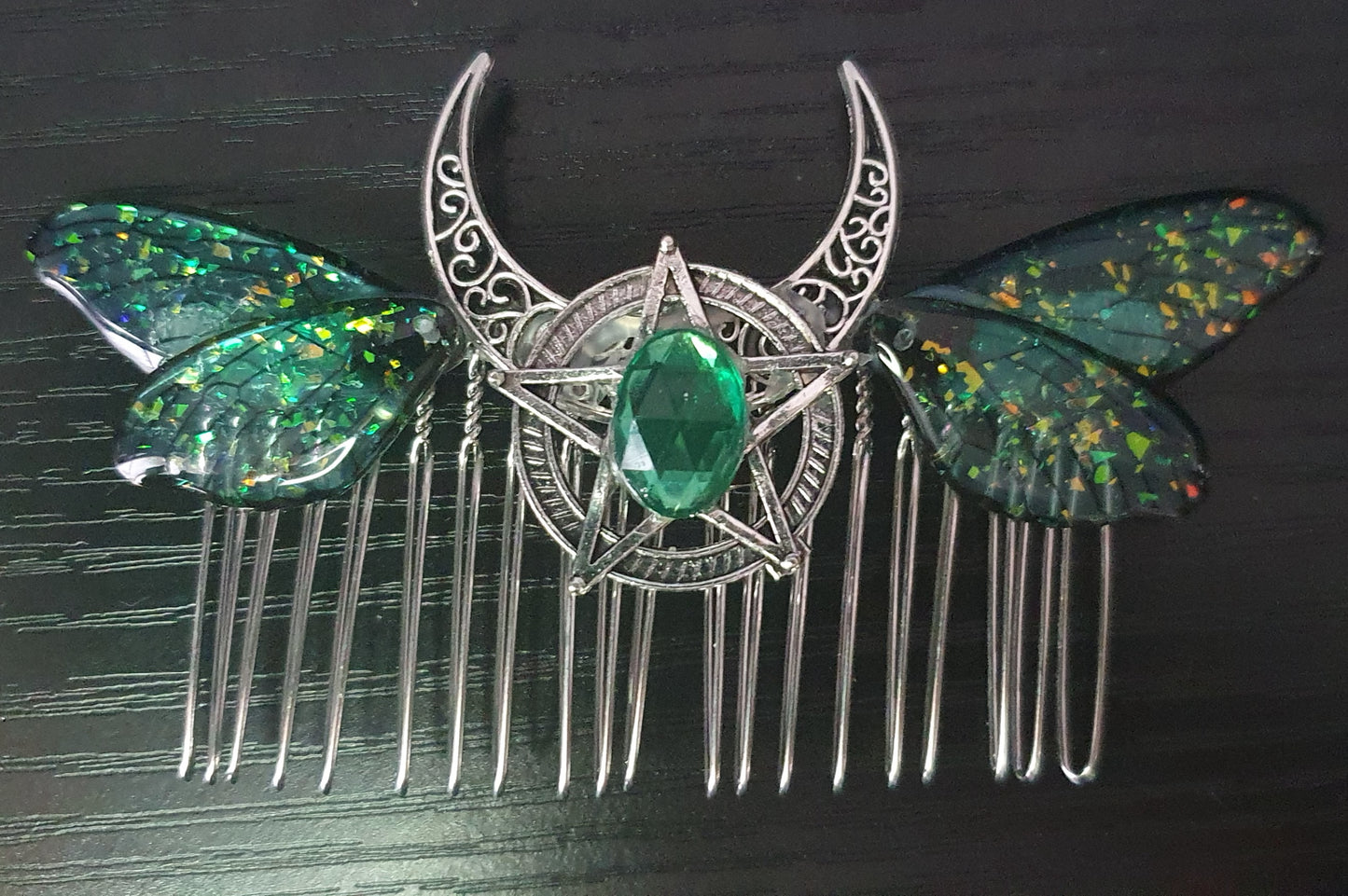 Butterfly Cicada Wing Crescent Moon Pentagram Hair Comb Pagan Witch - has imperfections