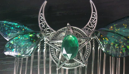 Moth Butterfly dragonfly Cicada Wing Crescent Moon Pentagram Hair Comb Pagan Witch