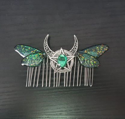 Moth Butterfly dragonfly Cicada Wing Crescent Moon Pentagram Hair Comb Pagan Witch