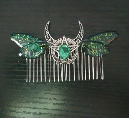 Moth Butterfly dragonfly Cicada Wing Crescent Moon Pentagram Hair Comb Pagan Witch