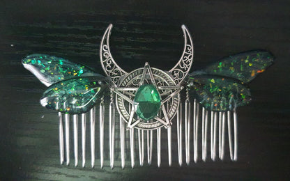 Moth Butterfly dragonfly Cicada Wing Crescent Moon Pentagram Hair Comb Pagan Witch