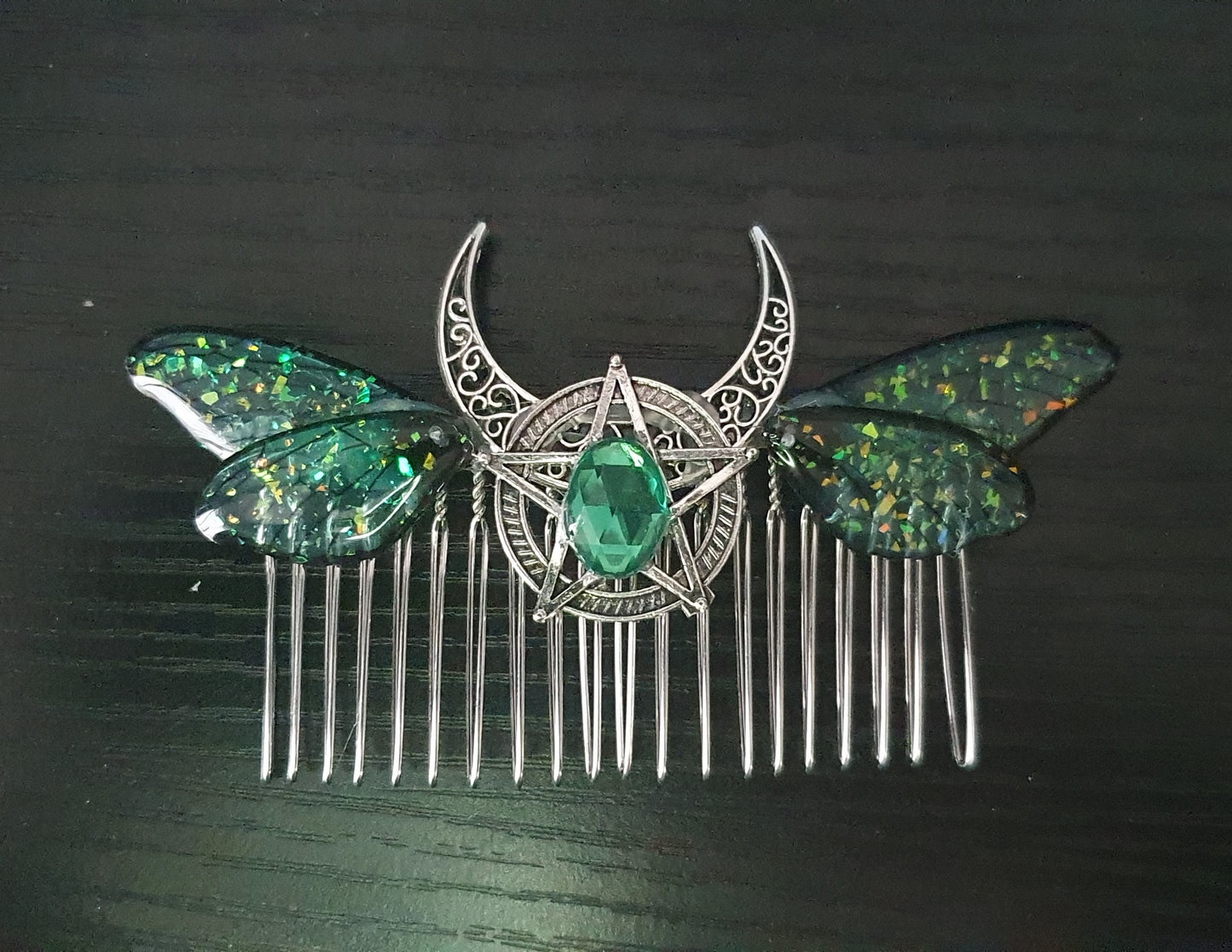 Butterfly Cicada Wing Crescent Moon Pentagram Hair Comb Pagan Witch - has imperfections