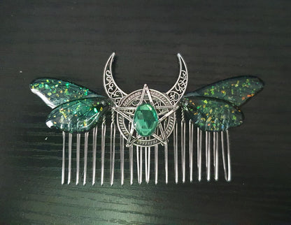Moth Butterfly dragonfly Cicada Wing Crescent Moon Pentagram Hair Comb Pagan Witch