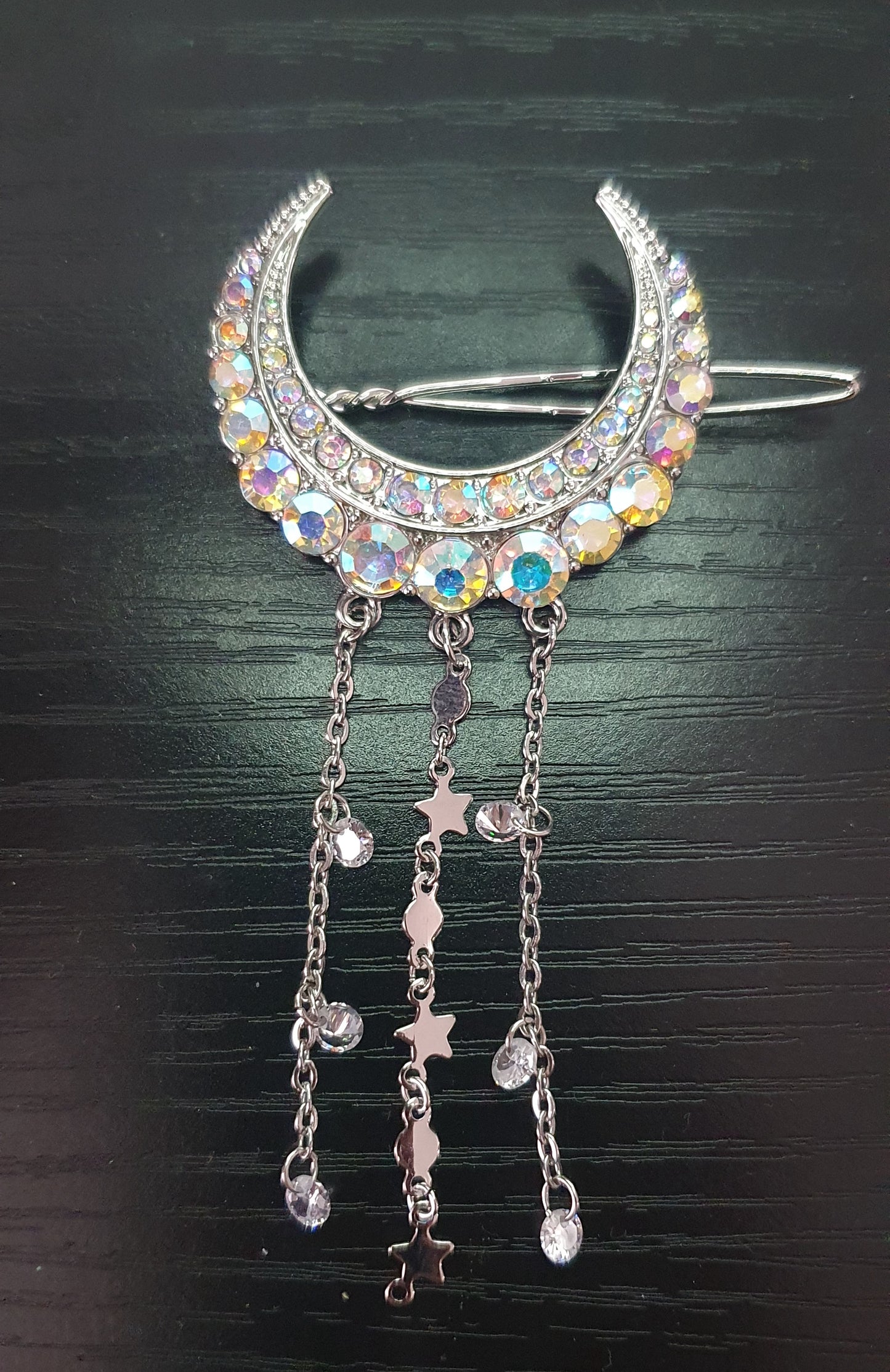 Cubic zirconia crescent moon with star and gem chain tassels hair clip