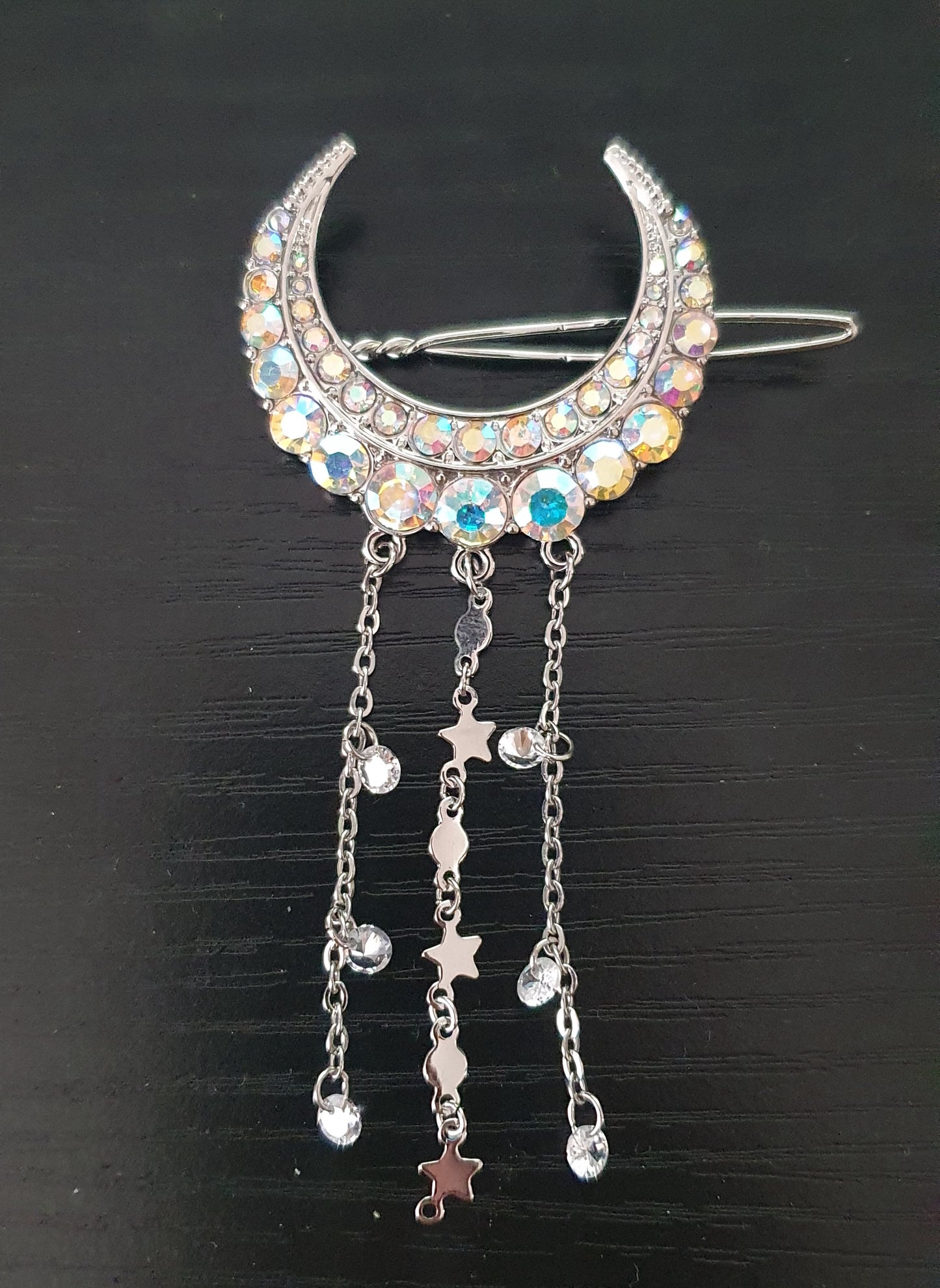 Cubic zirconia crescent moon with star and gem chain tassels hair clip