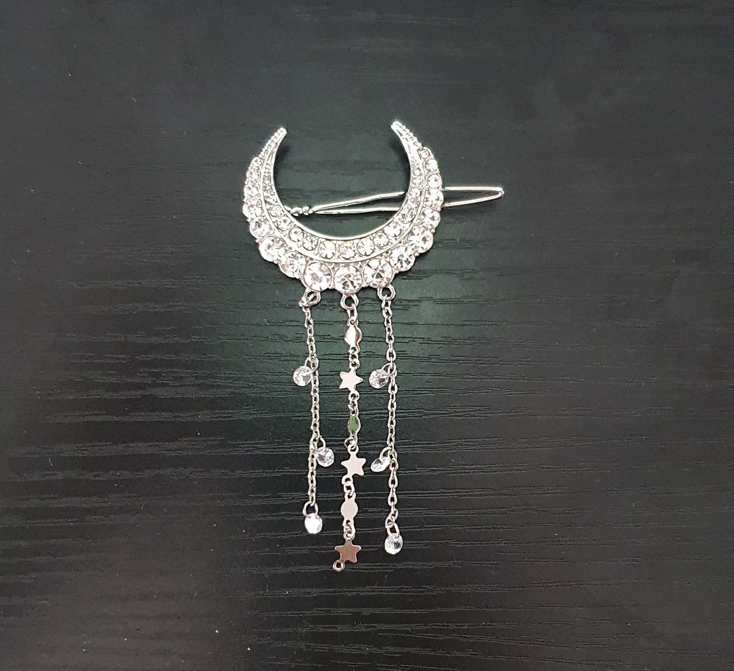 Cubic zirconia crescent moon with star and gem chain tassels hair clip